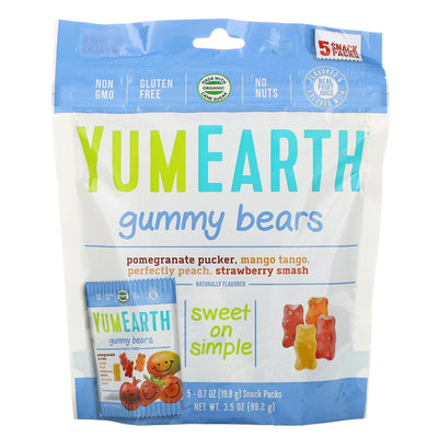 YumEarth, Gummy Bears, Assorted Flavors, 5 Snack Packs, 0.7 oz (19.8 g) Each